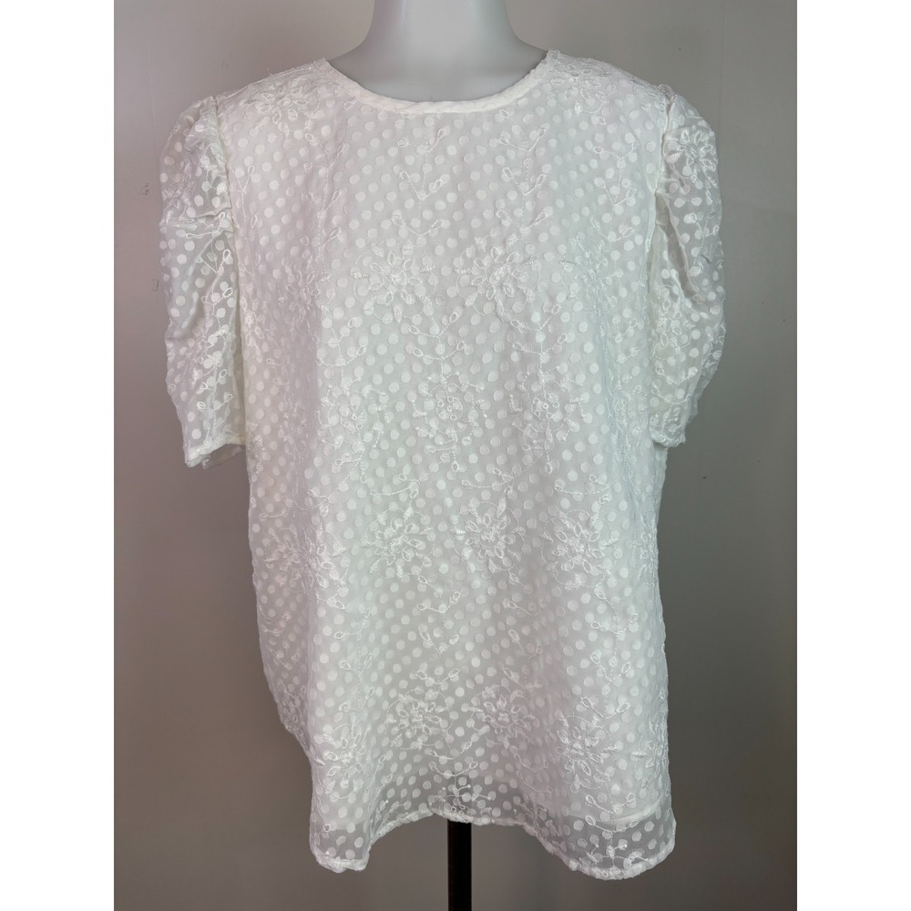 LOFT Blouse Large White Short Sleeve Embroidered Textured Top Women's